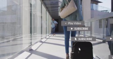 Havaalanında çalışan melez iş adamlarının sosyal medya simgelerinin canlandırılması. Dijital olarak oluşturulmuş küresel sosyal medya ağı, iş, hesaplama ve veri işleme kavramı.