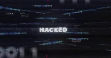 Hacklenmiş metnin animasyonu, ses dalgaları ve bilgisayar dilinde devre kartı deseni. Dijital olarak üretilmiş, hologram, illüstrasyon, sömürü, kodlama, iş ve teknoloji kavramı.