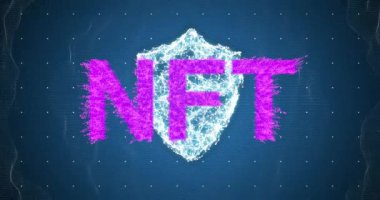 Mavi arka planda güvenlik kalkanı simgesi üzerine Nft metin pankartı animasyonu. Siber güvenlik ve kripto para birimi teknolojisi kavramı