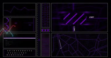 Animation of interface with data processing against black background. Computer interface and business technology concept