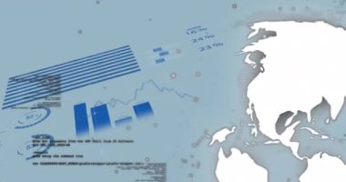 Beyaz noktaların canlandırılması ve dönen dünya beyaz zemin üzerinde istatistiksel veri işleme. Küresel ağ ve iş veri teknolojisi kavramı