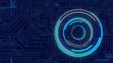 Mavi arka planda, devre kartı deseninin üzerinde yanan dairelerin animasyonu. Dijital olarak üretilmiş, hologram, illüstrasyon, şekil, güç kaynağı, ana kart, soyut ve teknoloji kavramı.