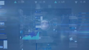 Profil simgelerinin ve dünyanın istatistiksel veri işleme ile ekranlara karşı animasyonu. Küresel ağ ve iş veri teknolojisi kavramı