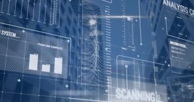 Animation of financial data processing over modern office buildings. Global business, finance, computing and data processing concept digitally generated video.
