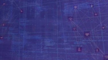 Mavi arkaplan üzerinde dönen dijital simgelerin ve veri işlemelerinin animasyonu. Küresel ağ ve iş arayüzü teknolojisi kavramı