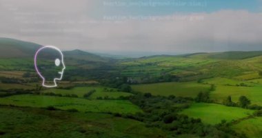 Manzara üzerinde ai metin ve konuşma baloncuklarının animasyonu. Küresel bağlantılar, dijital arayüz, bulut hesaplama ve veri işleme kavramı dijital olarak oluşturulmuş video.