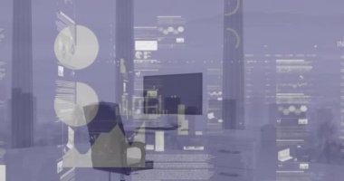 Animation of screens with statistical data processing against empty office. Computer interface and business data technology concept