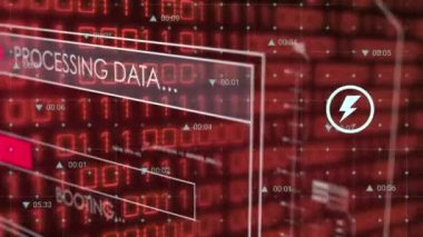 Veri işleme ve siyah arkaplanda ikili kodlama arayüzü üzerinde dijital simgelerin canlandırılması. Bilgisayar arayüzü ve iş teknolojisi kavramı