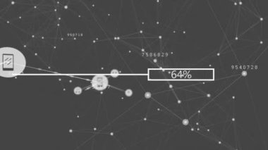 Gri arkaplandaki bağlantı ağı ve dijital simgeler üzerinden yüzde çubuğu yüklemenin animasyonu. Küresel ağ ve iş teknolojisi kavramı
