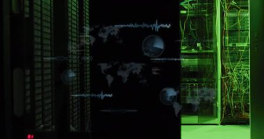 Animation of data processing against computer server room. Computer interface and business data storage technology concept