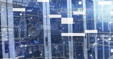 Veri işleme ve bilgisayar sunucu odasına bağlı bağlantı arayüzlerinin animasyonu. Bilgisayar arayüzü ve iş veri depolama teknolojisi kavramı