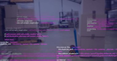 Deponun istatistikleriyle finansal veri işleme animasyonu. Küresel sevkiyat, iş, finans, bilgisayar ve veri işleme kavramı dijital olarak oluşturuldu.