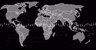 Animation of data processing over world map against black background. Computer interface and business technology concept