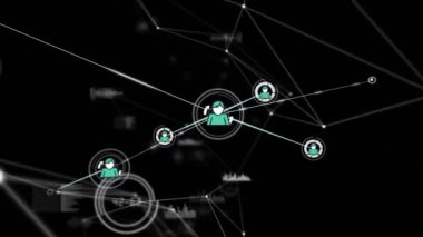 Kara arkaplana karşı veri işleme, bağlantı ağı ve profil simgelerinin animasyonu. Küresel ağ ve iş teknolojisi kavramı