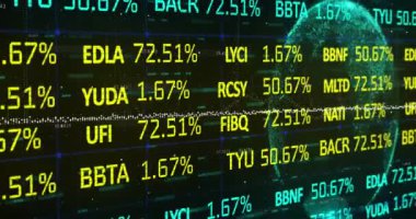 Animation of financial data processing over globe. Global business, finances, computing and data processing concept digitally generated video.