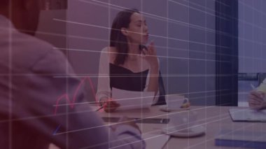 Animation of financial data processing over biracial businesswoman in office. Global business, finances, computing and data processing concept digitally generated video.