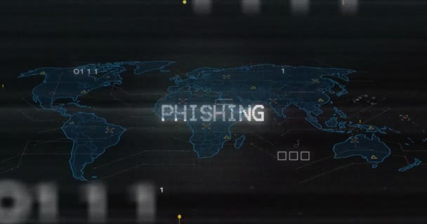 Animatie Van Printplaat Patroon Rond Phishing Tekst Kaart Tegen Zwarte — Stockvideo