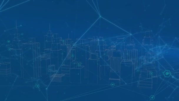 Animation Dots Connected Lines Model Cityscape Blue Background Digitally Generated — Stock Video
