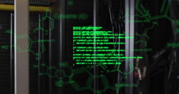 Animering Datorspråk Och Molekylstrukturer Mot Serverrum Digital Komposit Multipla Exponering — Stockvideo