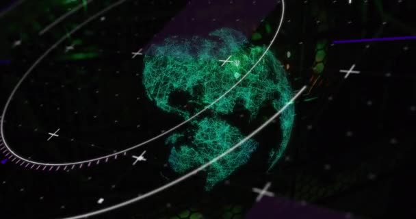 Animacja Okręgów Nad Oświetlonym Globusem Czarnym Tle Cyfrowo Generowane Hologram — Wideo stockowe