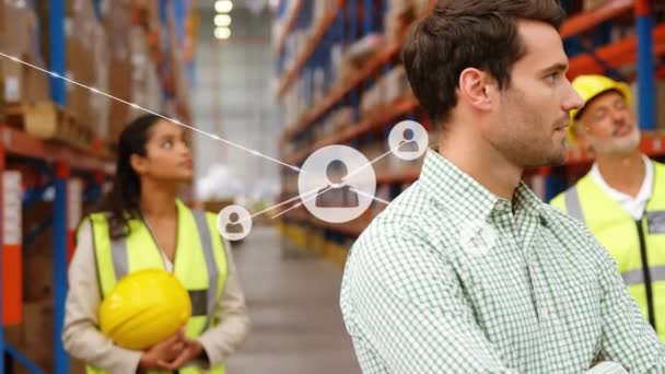 Animation Network Connections People Icons Diverse People Working Warehouse Global — Stock Video