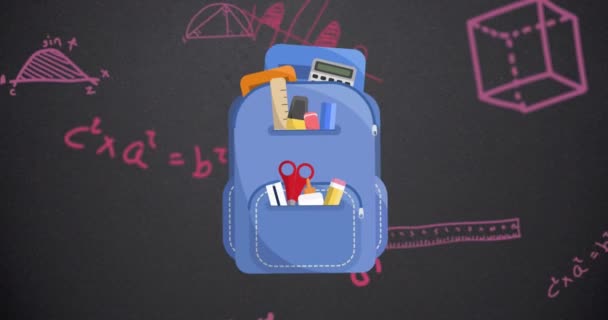 グレーの背景に数学的な数字の上に学校のバックパックの描画のアニメーション 教育と学習の概念デジタルで生成されたビデオ — ストック動画