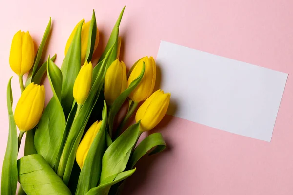 Image Yellow Tulips Card Copy Space Pink Background Mothers Day — Stockfoto