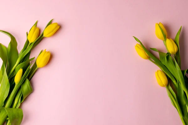 Image Yellow Tulips Copy Space Pink Background Mothers Day Nature — Stok fotoğraf
