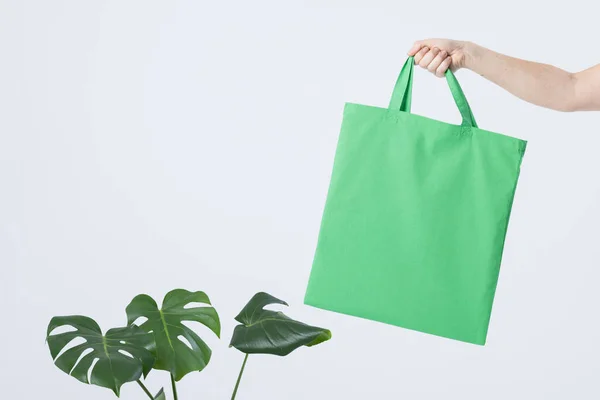 手中拿着绿色帆布袋的高加索女人的复制品空间和白色背景的植物 环保购物袋及时尚概念 — 图库照片