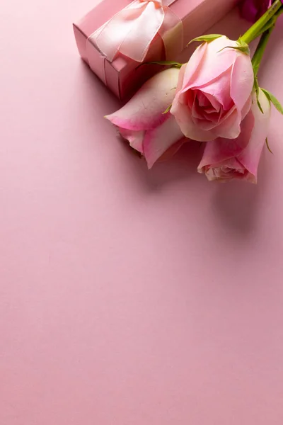 Obrázek Růžové Růže Růžový Box Kopírovacím Prostorem Růžovém Pozadí Den — Stock fotografie