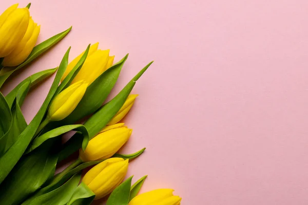 Image Yellow Tulips Copy Space Pink Background Mothers Day Nature — Stock fotografie
