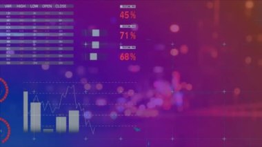 Bulanık hareket eden araçlar üzerinde çok renkli bilgi arayüzü animasyonu. Dijital bileşik, çoklu pozlama, rapor, iş dünyası, küresel, soyut, ulaşım ve teknoloji.