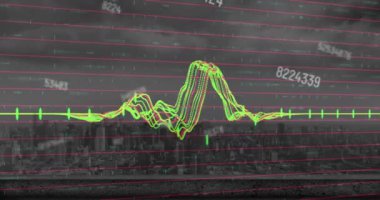 Şehir manzarasının havadan görüntüsüne karşı veri işleme üzerinde yüzen numaraların animasyonu. Bilgisayar arayüzü ve iş veri teknolojisi kavramı