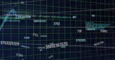 Animation of statistics and financial data processing over grid. Global business, finances, computing and data processing concept digitally generated video.