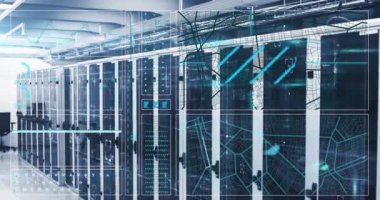 Animation of interface with data processing against computer server room. Computer interface and business data storage technology concept