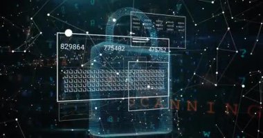 Güvenlik asma kilit simgesi ve bağlantı ağı üzerinden veri işleme arayüzünün canlandırılması. Bilgisayar arayüzü ve siber güvenlik teknolojisi kavramı