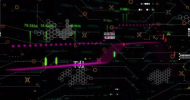 Siyah arka planda finansal veri işleme animasyonu. Küresel finans ve iş arayüzü teknolojisi kavramı