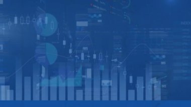 Mavi arkaplan ile istatistiksel veri işleme ekranlarının animasyonu. Bilgisayar arayüzü ve iş veri teknolojisi kavramı
