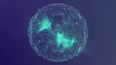 Küre oluşturan bağlantılı noktaların canlandırılması ve mavi arkaplanda soyut aydınlatma deseni. Dijital olarak üretilen, hologram, iletişim, illüstrasyon ve küreselleşme kavramı.