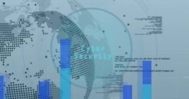Dönen dünya ve istatistiksel veri işleme üzerine siber güvenlik metin afişinin animasyonu. Siber güvenlik ve iş veri teknolojisi kavramı