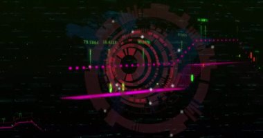 Dünya haritasında dönen finansal veri işleme ve kırmızı yuvarlak tarayıcının animasyonu. Küresel finans ve iş teknolojisi kavramı