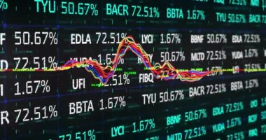 Siyah arkaplanla ticaret panosunun üzerinde çok renkli grafiklerin animasyonu. Dijital olarak üretilen hologram, illüstrasyon, rapor, iş dünyası, borsa, rakamlar ve soyut kavram.