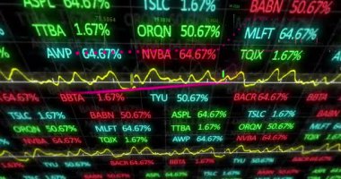 Siyah arka planla ticaret panosunun üzerinde birden fazla grafik animasyonu. Dijital olarak üretilmiş, hologram, illüstrasyon, aydınlanma, borsa, rapor, iş ve finans kavramı.