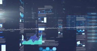 İstatistik ve veri işleme animasyonu. Dijital olarak oluşturulmuş küresel bağlantılar, hesaplama ve veri işleme kavramı.