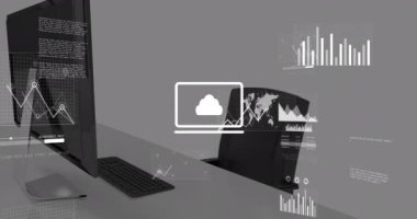 Ofis masasına karşı veri işleme ekranlarının animasyonu. Bilgisayar arayüzü ve mimari mühendislik teknolojisi kavramı