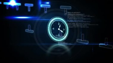 Neon saat animasyonu, DNA yapısını ve veri işlemesini mavi arkaplanla karşılaştırmak. Tıbbi araştırma ve iş teknolojisi kavramı