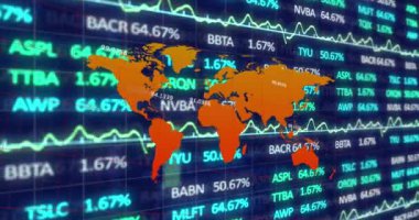 Animation of financial data processing over world map. Global business, finances, computing and data processing concept digitally generated video.