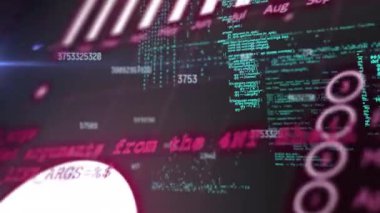 Değişen numaraların animasyonu ve siyah arkaplana karşı istatistiksel veri işleme. Bilgisayar arayüzü ve iş veri teknolojisi kavramı