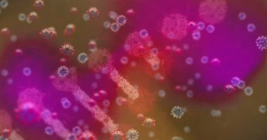 Renkli arka planda virüs hücrelerinin ve DNA iplikçiklerinin canlandırılması. Dijital olarak üretilen küresel salgın, tıp ve bilim konsepti.