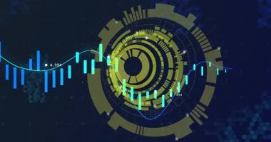 Mavi arkaplanda dönen sarı yuvarlak tarayıcının üzerinde veri işleme animasyonu. Bilgisayar arayüzü ve iş veri teknolojisi kavramı